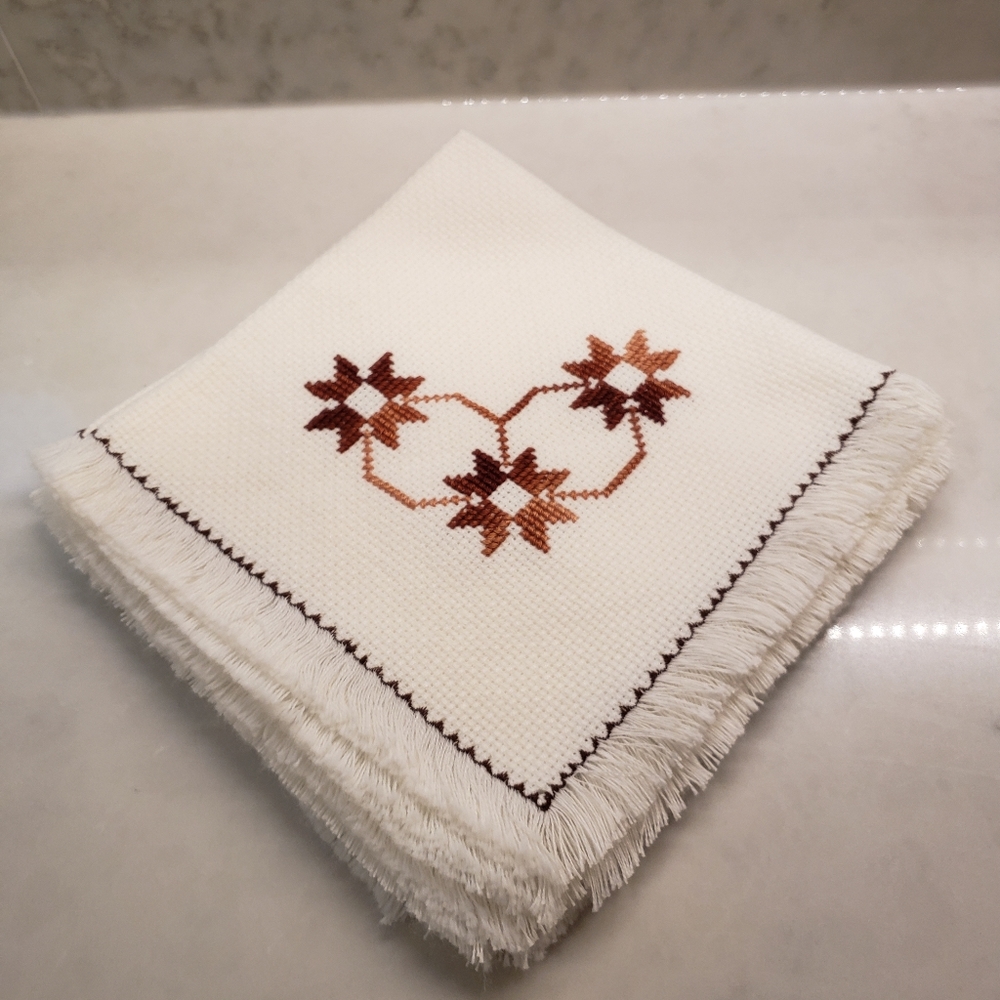 4 Cross stitch napkins/ white and brown vintage styled cloths